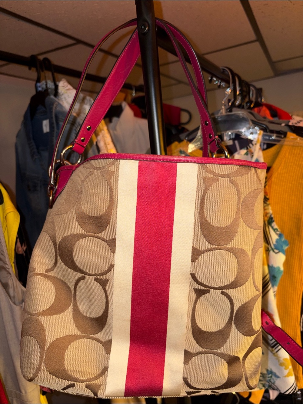 Coach Hamptons Weekend Signature Pink & White Stripe Shoulder/ Crossbody Bag - Picture 5 of 16